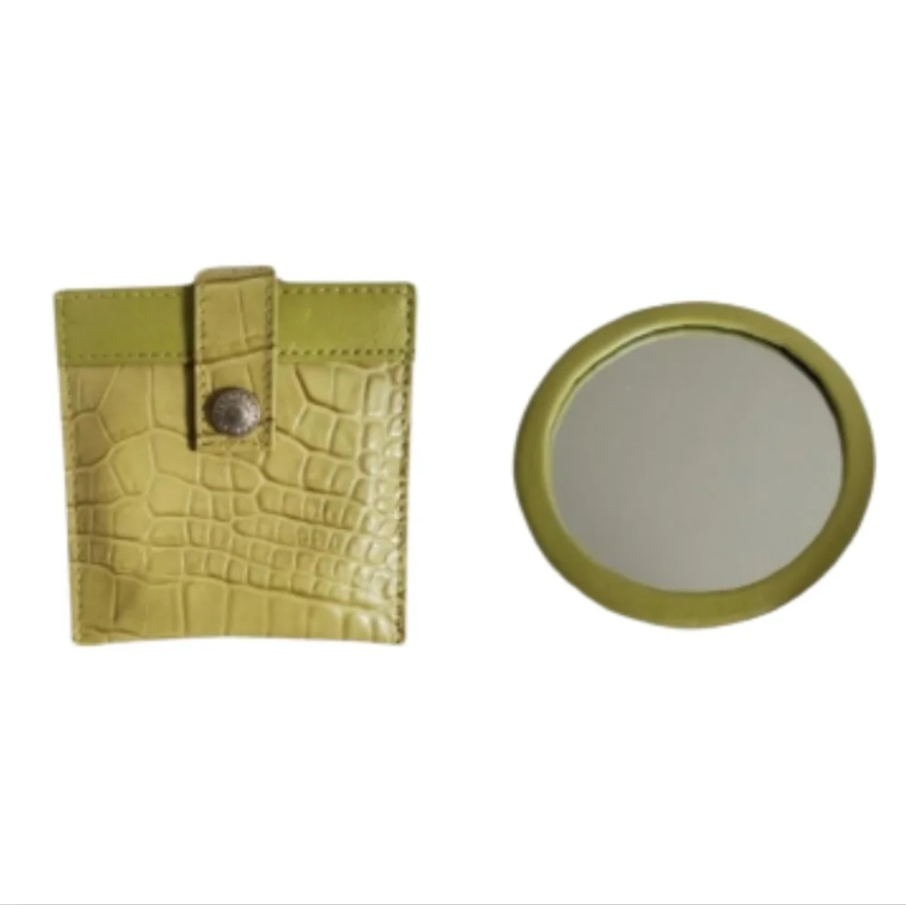 Express Lime Green Leather Mini Pocket Round Makeup Mirror And Square Case
